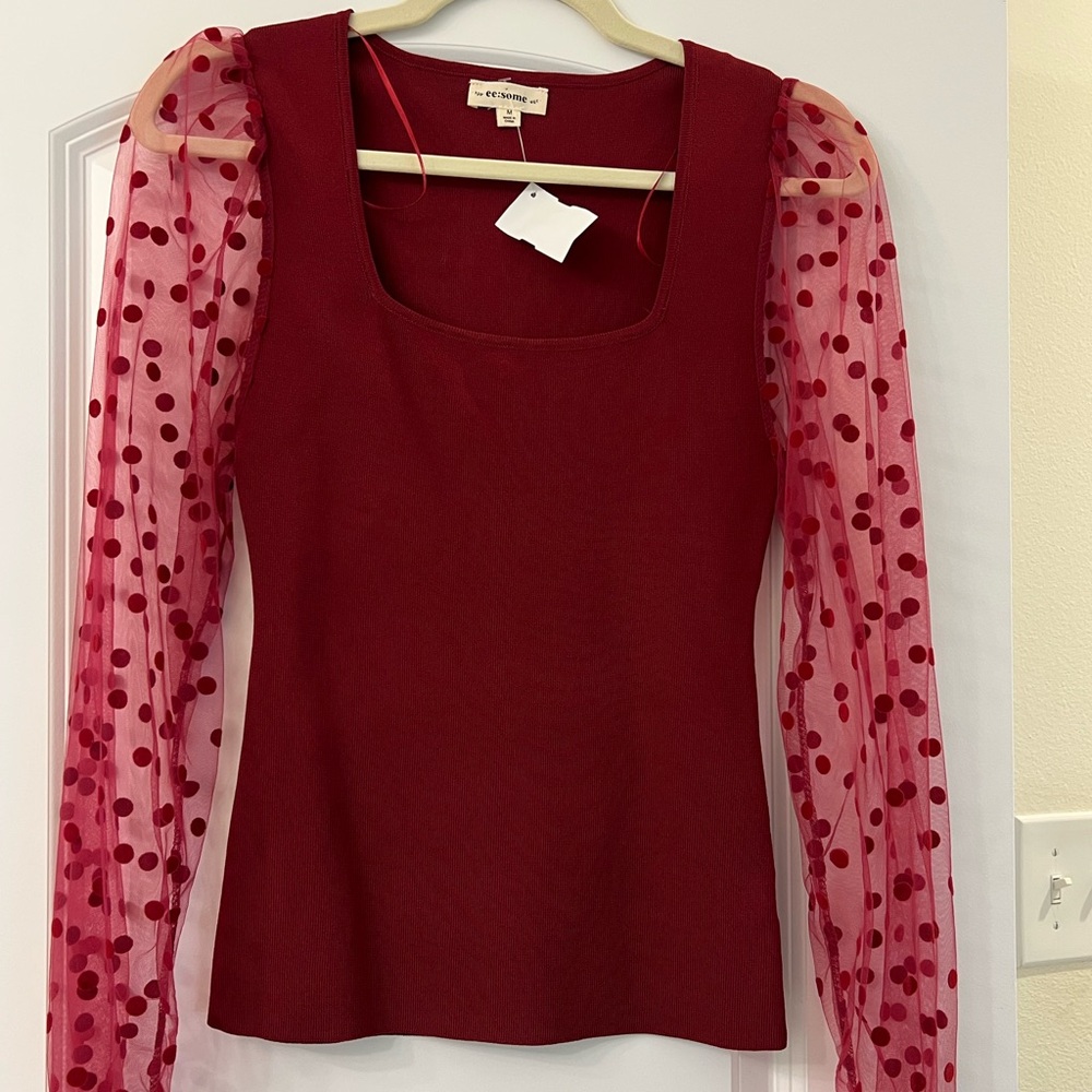 Never worn. Burgundy top with polka dot see through sleeves.